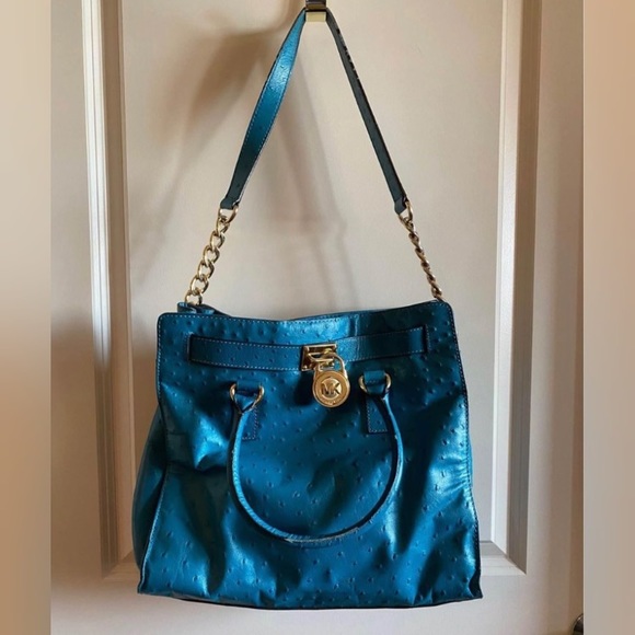 Michael Kors Hamilton Ostrich embossed turquoise tote with dust bag - Picture 11 of 11